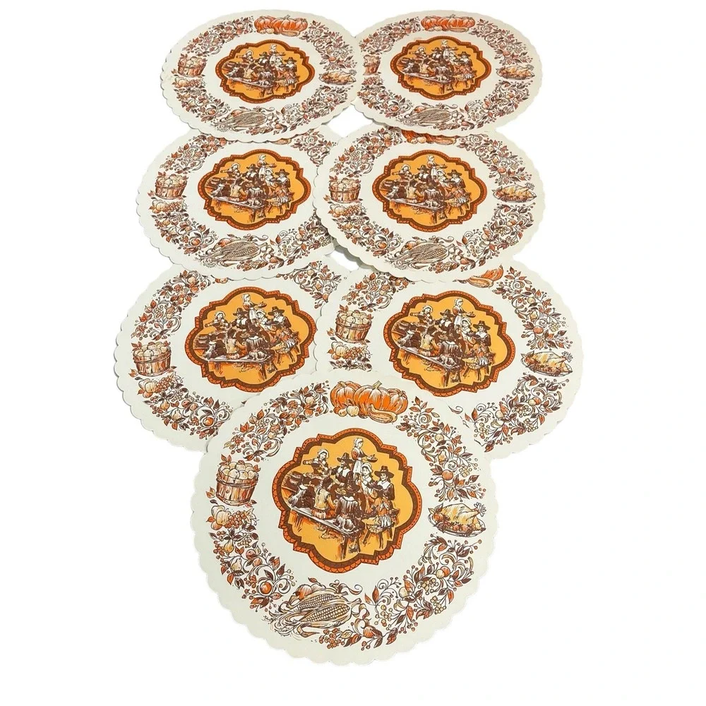 Vintage Paper Placemats‎ Thanksgiving Pilgrims 1970s Set Of 7 Halmark 14